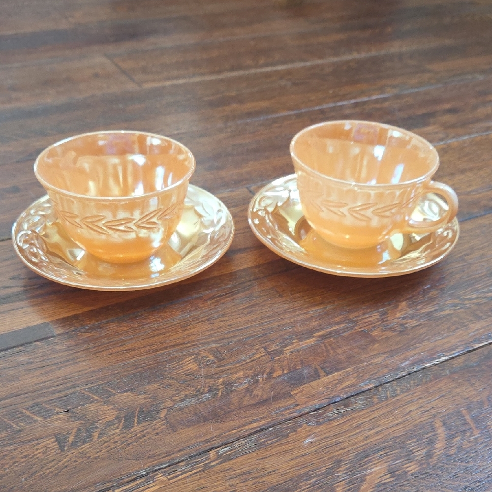Vintage Fire King Anchor Hocking Peach Luster Teacup and Saucer Set Of 2